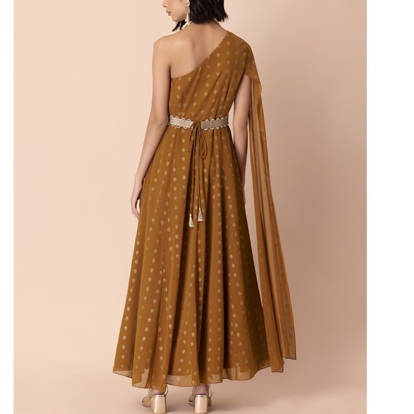 Indya Women's Ochre Foil One Shoulder Maxi Kurta - Picture 2 of 6